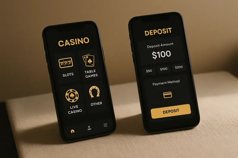 Two smartphones showing dark casino lobby and deposit screens