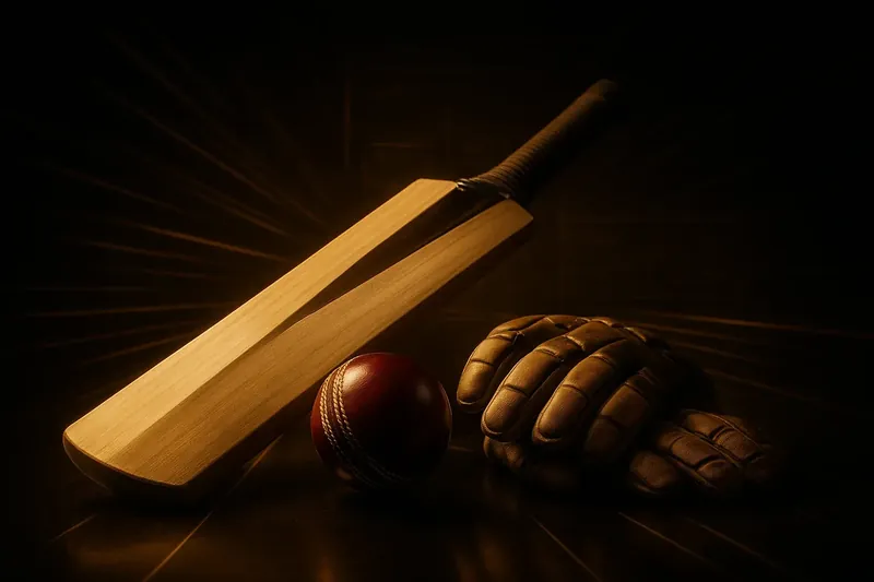 Close-up cricket equipment on dark surface with neon speed lines