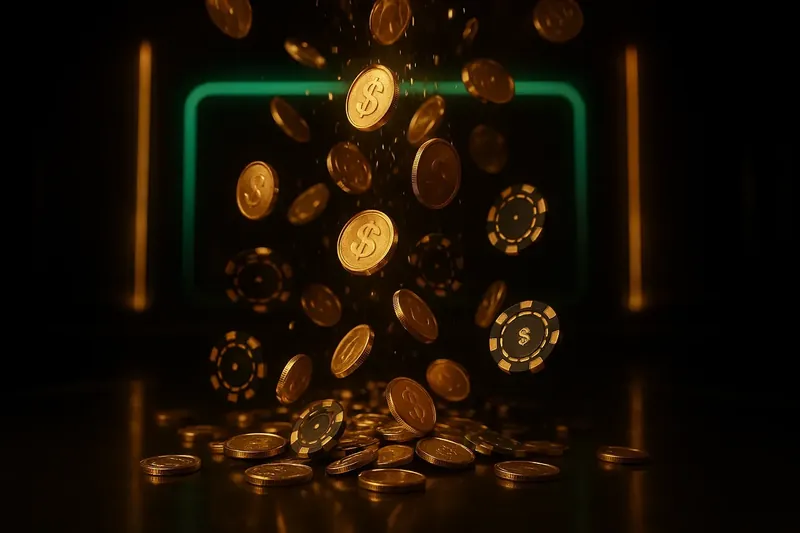 Golden coins and casino chips falling with green neon lighting