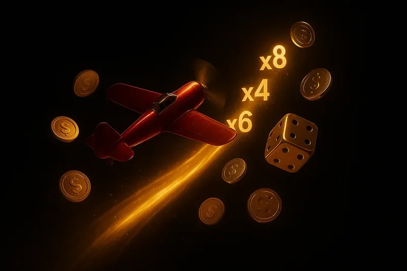 Red airplane soaring with multiplier trail, coins and dice floating